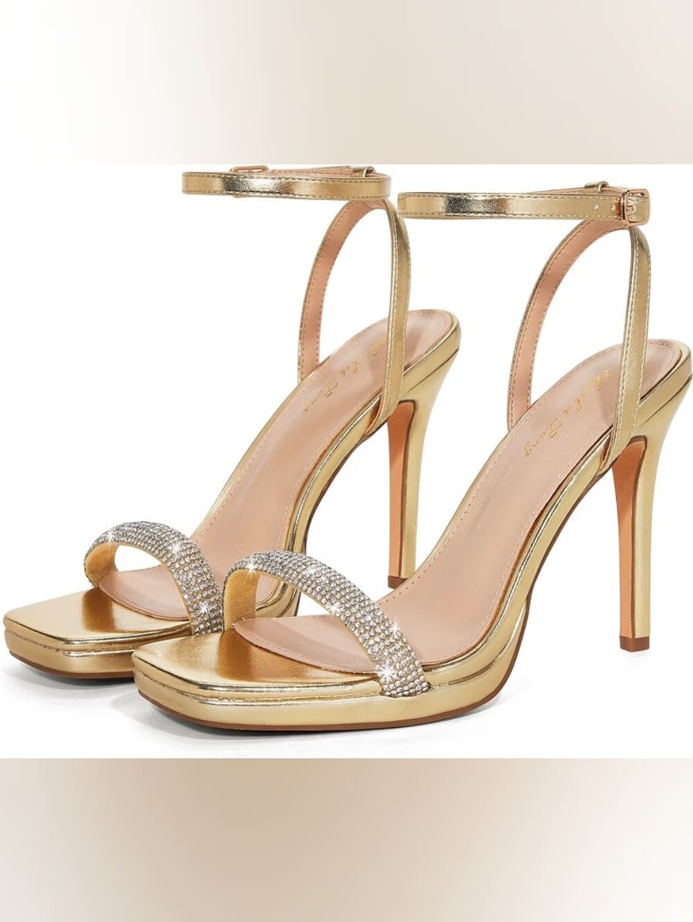 Womens Open-Toe Gold Crystal Embellished Rhinestone Stiletto Sandal/Heel, 6